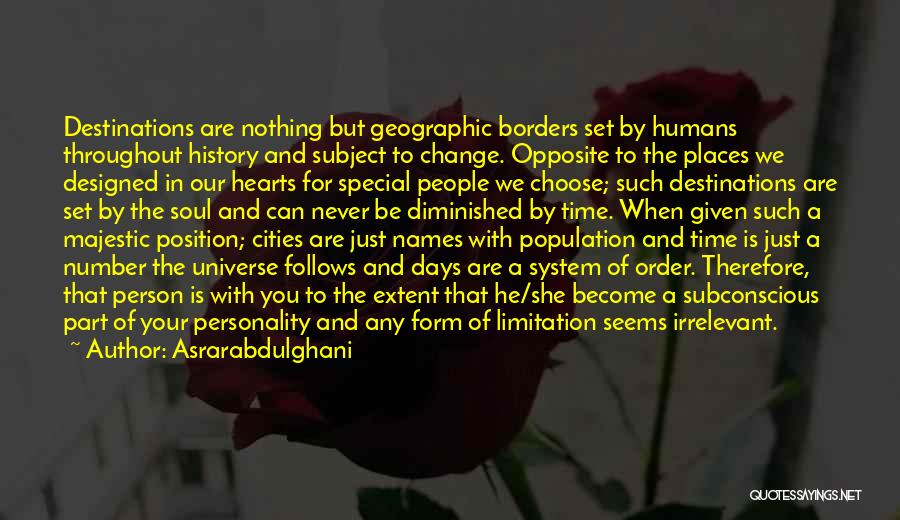 Asrarabdulghani Quotes: Destinations Are Nothing But Geographic Borders Set By Humans Throughout History And Subject To Change. Opposite To The Places We