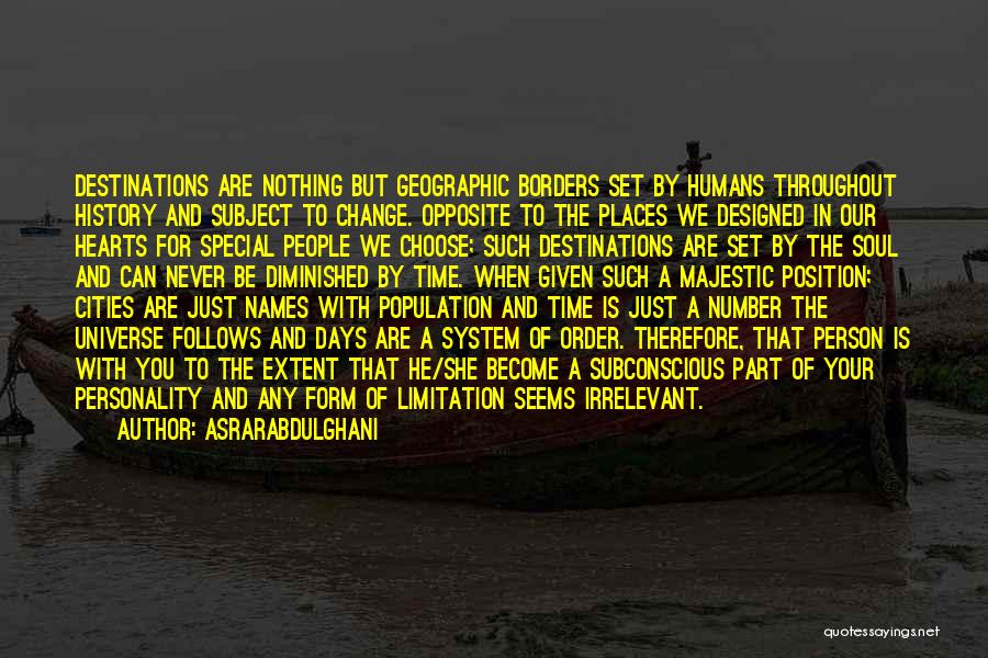 Asrarabdulghani Quotes: Destinations Are Nothing But Geographic Borders Set By Humans Throughout History And Subject To Change. Opposite To The Places We