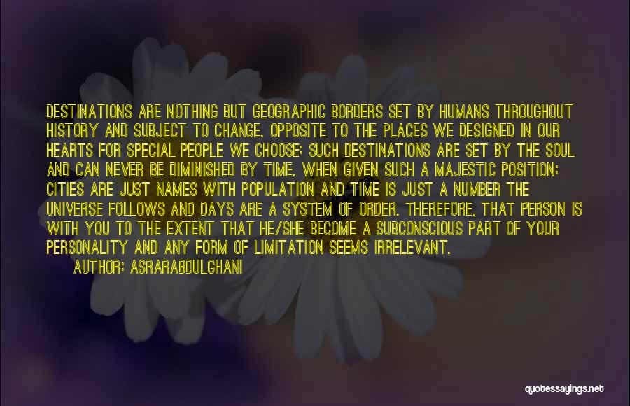 Asrarabdulghani Quotes: Destinations Are Nothing But Geographic Borders Set By Humans Throughout History And Subject To Change. Opposite To The Places We