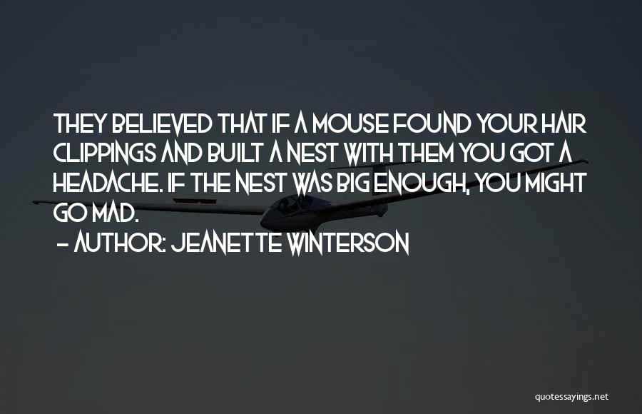 Jeanette Winterson Quotes: They Believed That If A Mouse Found Your Hair Clippings And Built A Nest With Them You Got A Headache.
