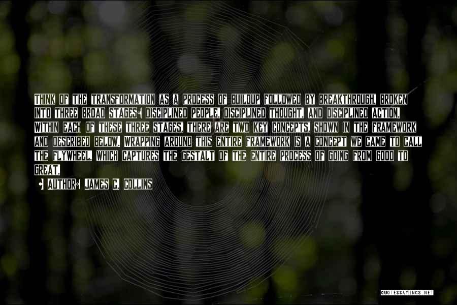 James C. Collins Quotes: Think Of The Transformation As A Process Of Buildup Followed By Breakthrough, Broken Into Three Broad Stages: Disciplined People, Disciplined