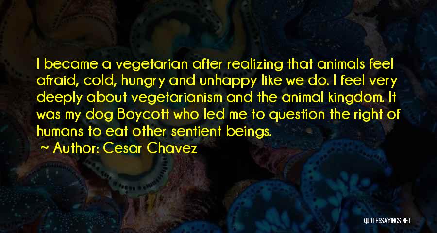 Cesar Chavez Quotes: I Became A Vegetarian After Realizing That Animals Feel Afraid, Cold, Hungry And Unhappy Like We Do. I Feel Very