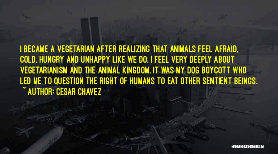 Cesar Chavez Quotes: I Became A Vegetarian After Realizing That Animals Feel Afraid, Cold, Hungry And Unhappy Like We Do. I Feel Very