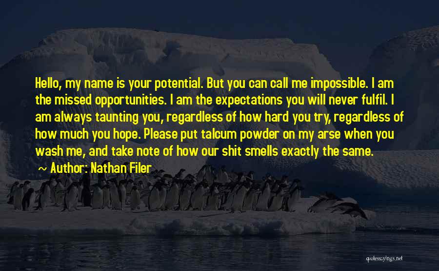 Nathan Filer Quotes: Hello, My Name Is Your Potential. But You Can Call Me Impossible. I Am The Missed Opportunities. I Am The