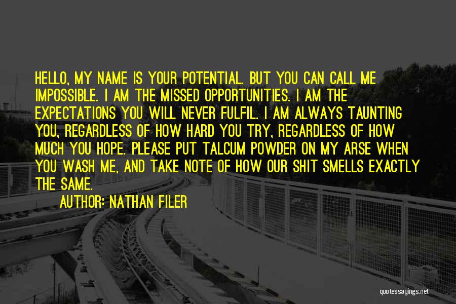 Nathan Filer Quotes: Hello, My Name Is Your Potential. But You Can Call Me Impossible. I Am The Missed Opportunities. I Am The