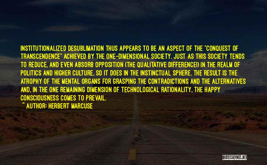 Herbert Marcuse Quotes: Institutionalized Desublimation Thus Appears To Be An Aspect Of The Conquest Of Transcendence Achieved By The One-dimensional Society. Just As