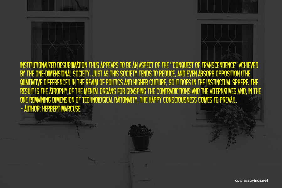 Herbert Marcuse Quotes: Institutionalized Desublimation Thus Appears To Be An Aspect Of The Conquest Of Transcendence Achieved By The One-dimensional Society. Just As