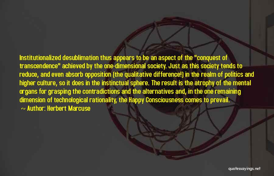 Herbert Marcuse Quotes: Institutionalized Desublimation Thus Appears To Be An Aspect Of The Conquest Of Transcendence Achieved By The One-dimensional Society. Just As