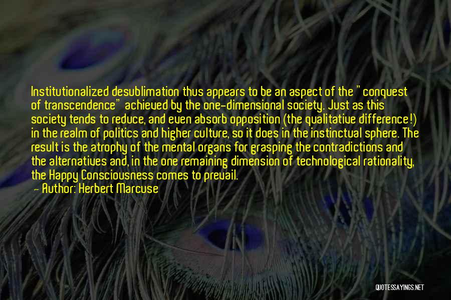 Herbert Marcuse Quotes: Institutionalized Desublimation Thus Appears To Be An Aspect Of The Conquest Of Transcendence Achieved By The One-dimensional Society. Just As