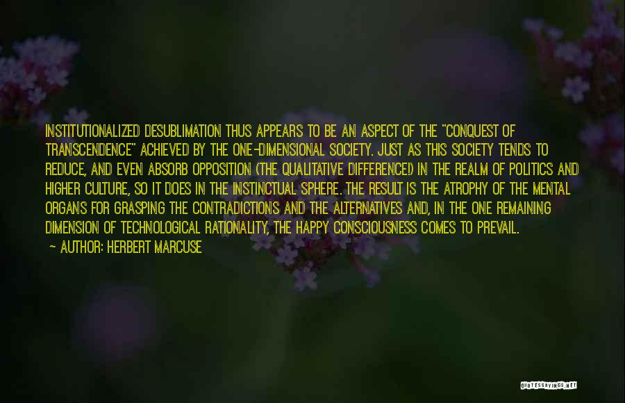 Herbert Marcuse Quotes: Institutionalized Desublimation Thus Appears To Be An Aspect Of The Conquest Of Transcendence Achieved By The One-dimensional Society. Just As