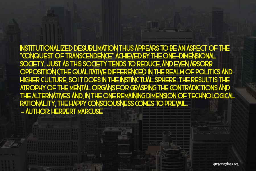 Herbert Marcuse Quotes: Institutionalized Desublimation Thus Appears To Be An Aspect Of The Conquest Of Transcendence Achieved By The One-dimensional Society. Just As