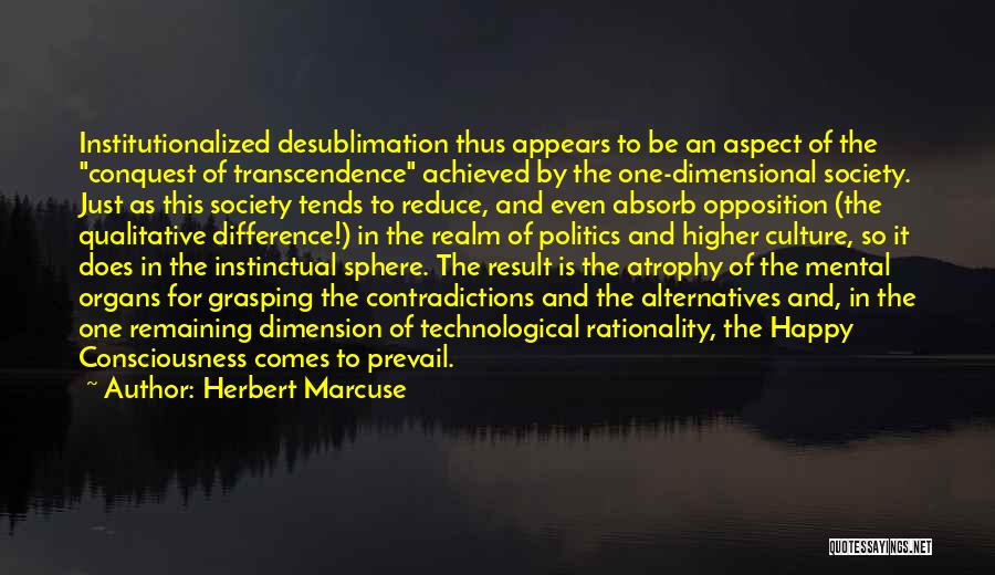 Herbert Marcuse Quotes: Institutionalized Desublimation Thus Appears To Be An Aspect Of The Conquest Of Transcendence Achieved By The One-dimensional Society. Just As