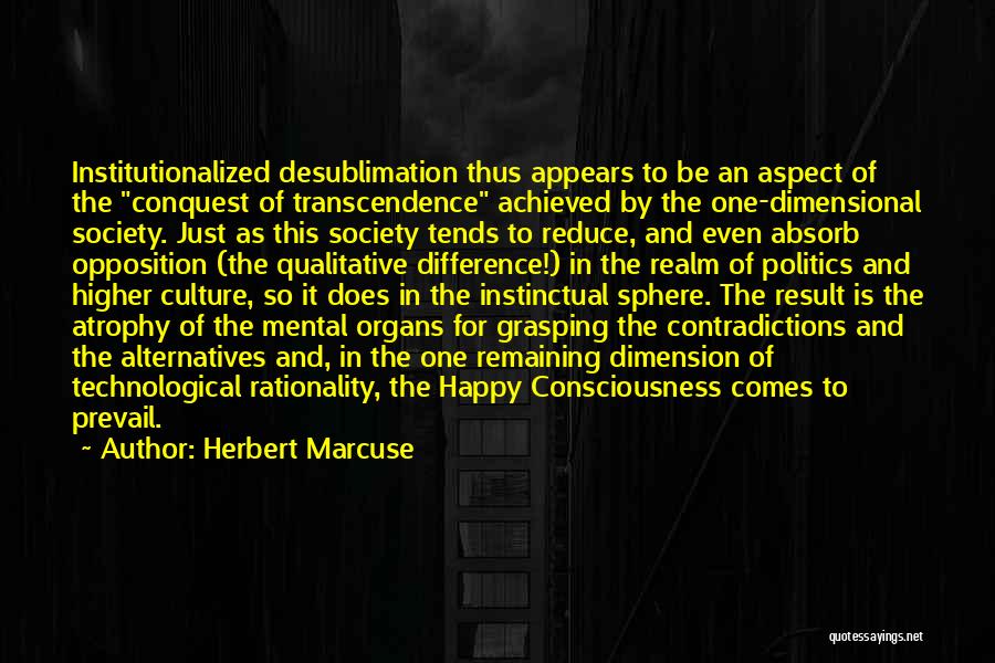 Herbert Marcuse Quotes: Institutionalized Desublimation Thus Appears To Be An Aspect Of The Conquest Of Transcendence Achieved By The One-dimensional Society. Just As