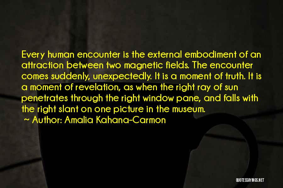 Amalia Kahana-Carmon Quotes: Every Human Encounter Is The External Embodiment Of An Attraction Between Two Magnetic Fields. The Encounter Comes Suddenly, Unexpectedly. It