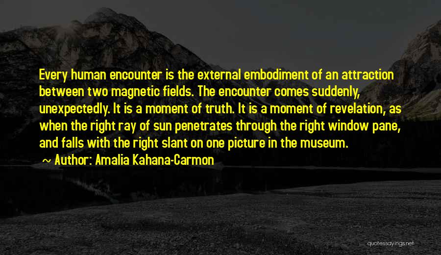 Amalia Kahana-Carmon Quotes: Every Human Encounter Is The External Embodiment Of An Attraction Between Two Magnetic Fields. The Encounter Comes Suddenly, Unexpectedly. It