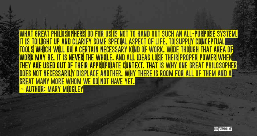 Mary Midgley Quotes: What Great Philosophers Do For Us Is Not To Hand Out Such An All-purpose System. It Is To Light Up