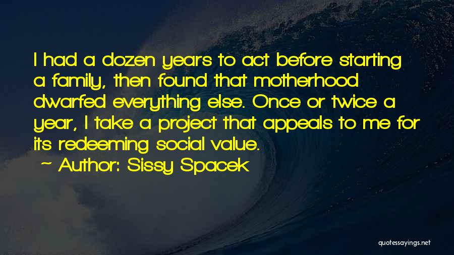 Sissy Spacek Quotes: I Had A Dozen Years To Act Before Starting A Family, Then Found That Motherhood Dwarfed Everything Else. Once Or