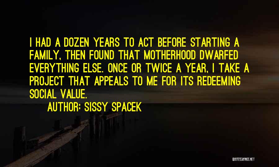 Sissy Spacek Quotes: I Had A Dozen Years To Act Before Starting A Family, Then Found That Motherhood Dwarfed Everything Else. Once Or