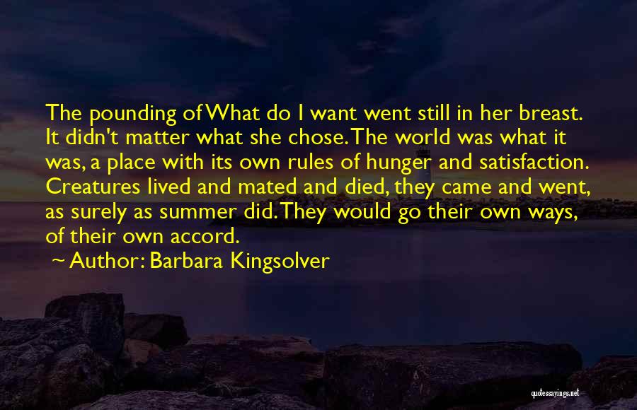 Barbara Kingsolver Quotes: The Pounding Of What Do I Want Went Still In Her Breast. It Didn't Matter What She Chose. The World