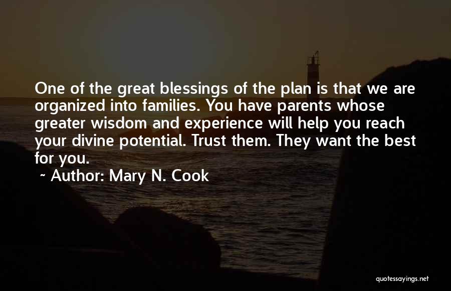 Mary N. Cook Quotes: One Of The Great Blessings Of The Plan Is That We Are Organized Into Families. You Have Parents Whose Greater