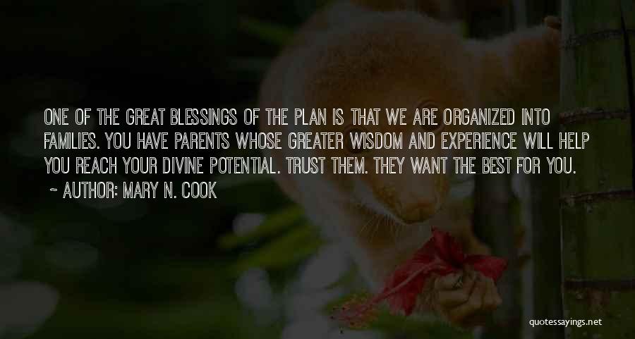 Mary N. Cook Quotes: One Of The Great Blessings Of The Plan Is That We Are Organized Into Families. You Have Parents Whose Greater