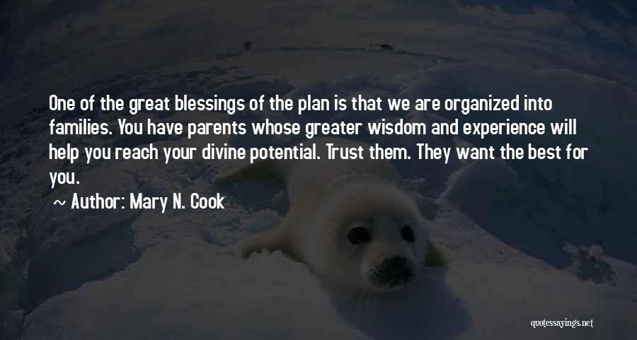 Mary N. Cook Quotes: One Of The Great Blessings Of The Plan Is That We Are Organized Into Families. You Have Parents Whose Greater