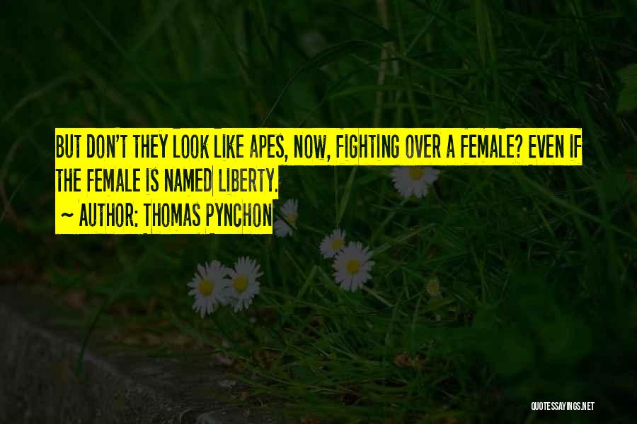 Thomas Pynchon Quotes: But Don't They Look Like Apes, Now, Fighting Over A Female? Even If The Female Is Named Liberty.