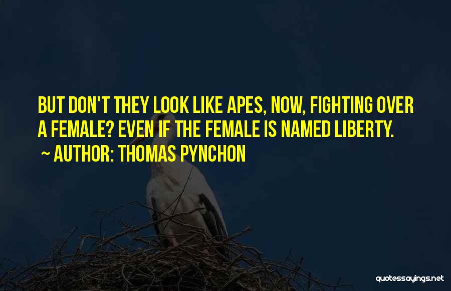 Thomas Pynchon Quotes: But Don't They Look Like Apes, Now, Fighting Over A Female? Even If The Female Is Named Liberty.