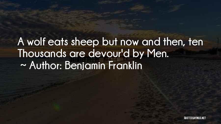 Benjamin Franklin Quotes: A Wolf Eats Sheep But Now And Then, Ten Thousands Are Devour'd By Men.