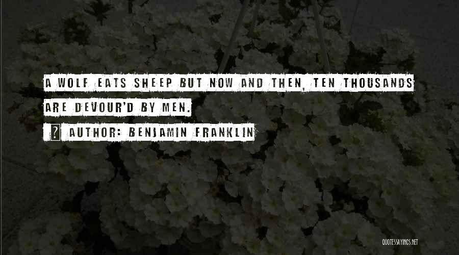 Benjamin Franklin Quotes: A Wolf Eats Sheep But Now And Then, Ten Thousands Are Devour'd By Men.