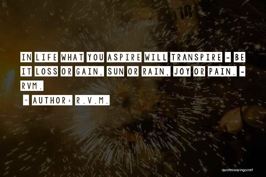 R.v.m. Quotes: In Life What You Aspire Will Transpire - Be It Loss Or Gain, Sun Or Rain, Joy Or Pain. -