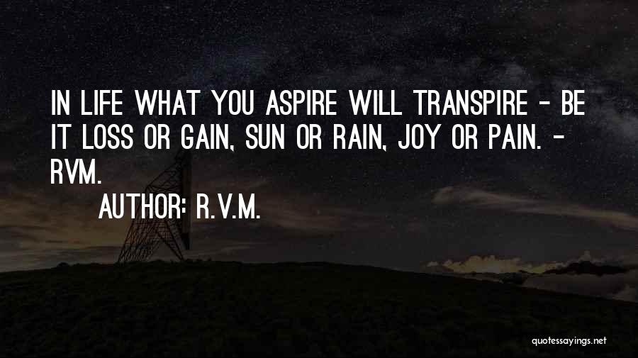 R.v.m. Quotes: In Life What You Aspire Will Transpire - Be It Loss Or Gain, Sun Or Rain, Joy Or Pain. -