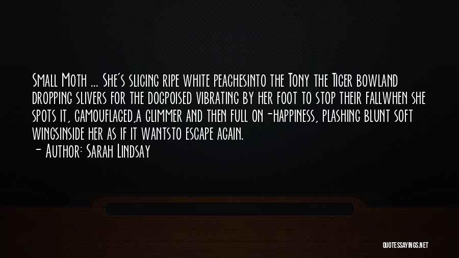 Sarah Lindsay Quotes: Small Moth ... She's Slicing Ripe White Peachesinto The Tony The Tiger Bowland Dropping Slivers For The Dogpoised Vibrating By