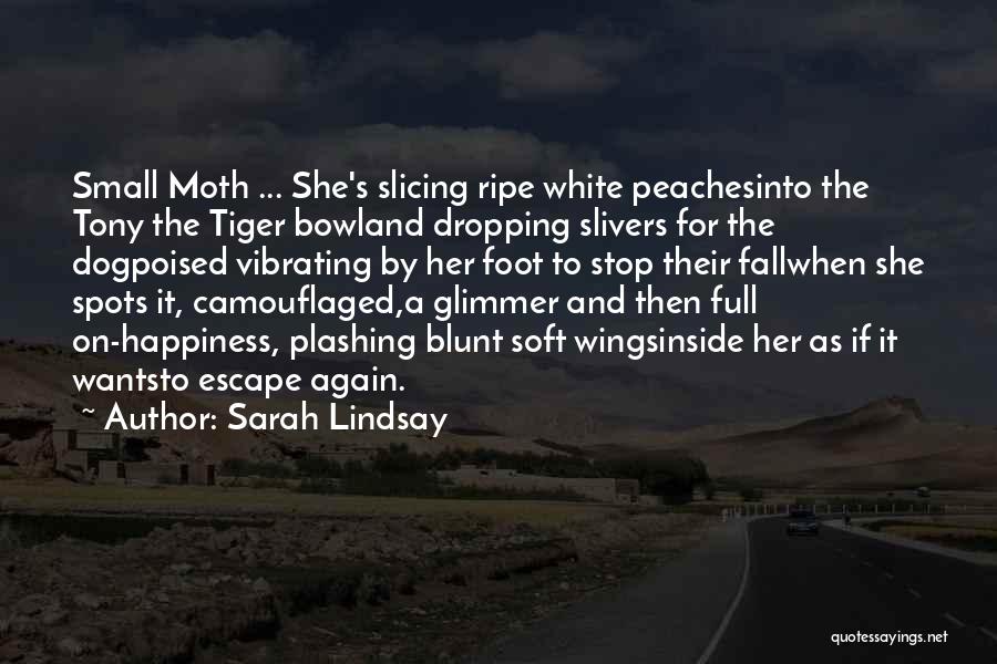 Sarah Lindsay Quotes: Small Moth ... She's Slicing Ripe White Peachesinto The Tony The Tiger Bowland Dropping Slivers For The Dogpoised Vibrating By