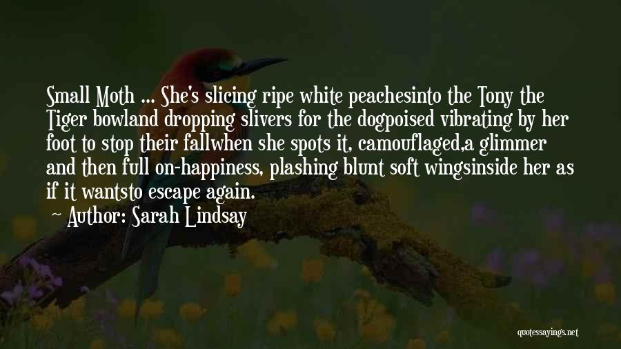 Sarah Lindsay Quotes: Small Moth ... She's Slicing Ripe White Peachesinto The Tony The Tiger Bowland Dropping Slivers For The Dogpoised Vibrating By