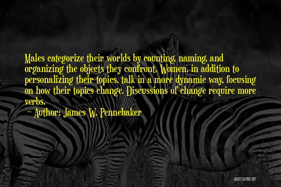 James W. Pennebaker Quotes: Males Categorize Their Worlds By Counting, Naming, And Organizing The Objects They Confront. Women, In Addition To Personalizing Their Topics,