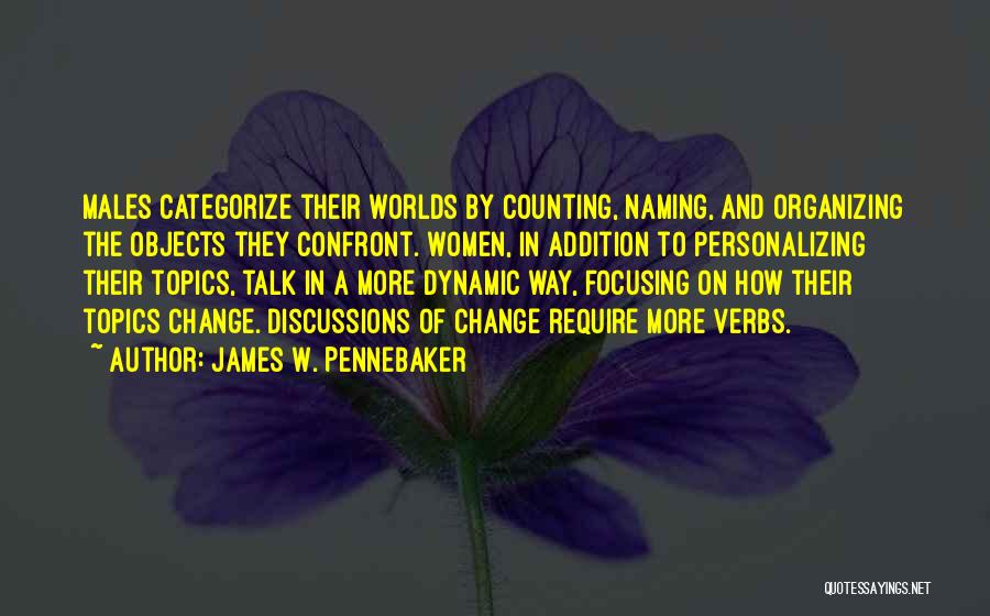 James W. Pennebaker Quotes: Males Categorize Their Worlds By Counting, Naming, And Organizing The Objects They Confront. Women, In Addition To Personalizing Their Topics,