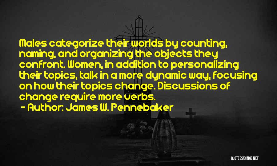 James W. Pennebaker Quotes: Males Categorize Their Worlds By Counting, Naming, And Organizing The Objects They Confront. Women, In Addition To Personalizing Their Topics,