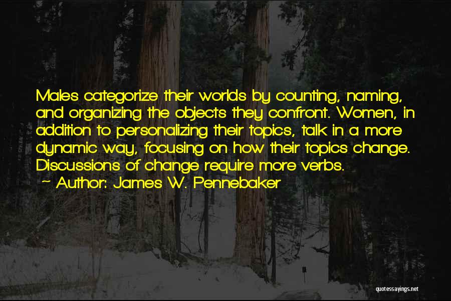 James W. Pennebaker Quotes: Males Categorize Their Worlds By Counting, Naming, And Organizing The Objects They Confront. Women, In Addition To Personalizing Their Topics,