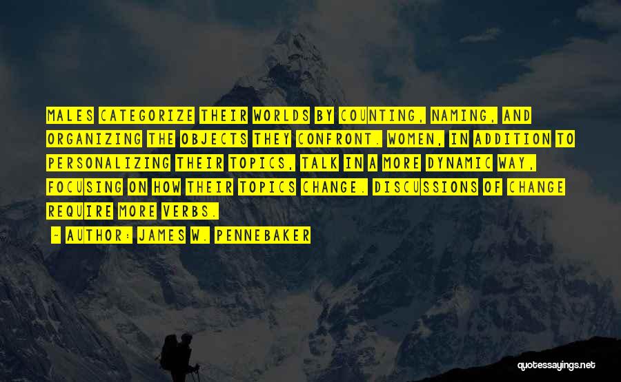 James W. Pennebaker Quotes: Males Categorize Their Worlds By Counting, Naming, And Organizing The Objects They Confront. Women, In Addition To Personalizing Their Topics,