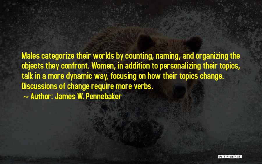 James W. Pennebaker Quotes: Males Categorize Their Worlds By Counting, Naming, And Organizing The Objects They Confront. Women, In Addition To Personalizing Their Topics,