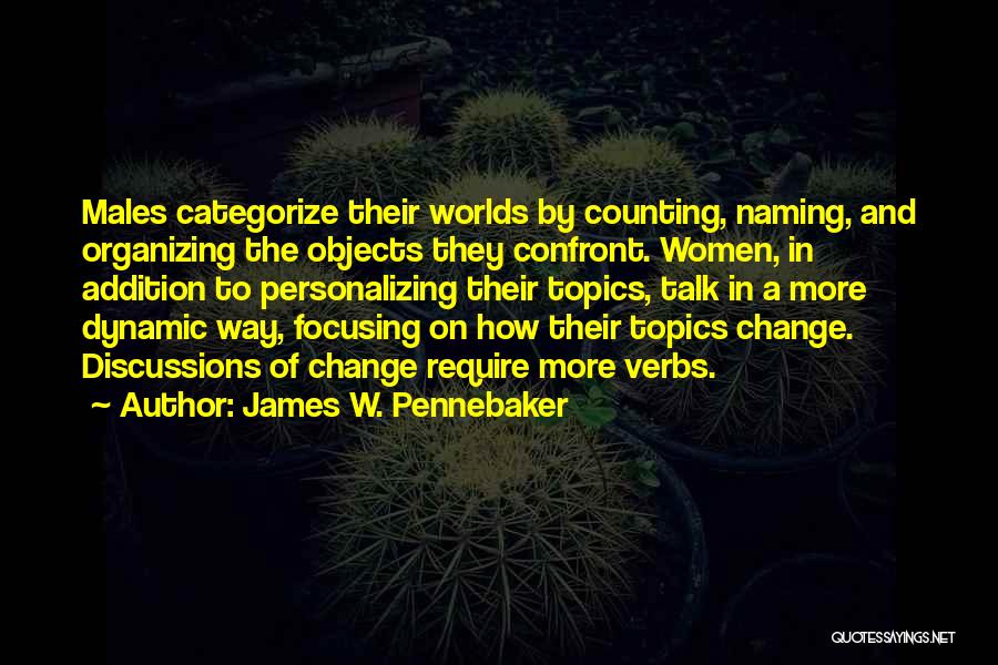 James W. Pennebaker Quotes: Males Categorize Their Worlds By Counting, Naming, And Organizing The Objects They Confront. Women, In Addition To Personalizing Their Topics,