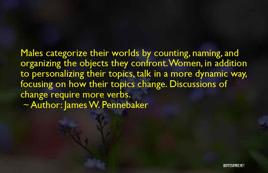 James W. Pennebaker Quotes: Males Categorize Their Worlds By Counting, Naming, And Organizing The Objects They Confront. Women, In Addition To Personalizing Their Topics,