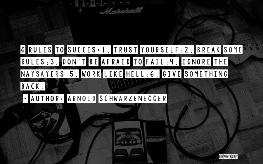 Arnold Schwarzenegger Quotes: 6 Rules To Succes:1. Trust Yourself;2. Break Some Rules;3. Don't Be Afraid To Fail;4. Ignore The Naysayers;5. Work Like Hell;6.
