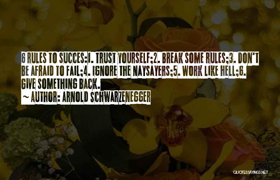 Arnold Schwarzenegger Quotes: 6 Rules To Succes:1. Trust Yourself;2. Break Some Rules;3. Don't Be Afraid To Fail;4. Ignore The Naysayers;5. Work Like Hell;6.