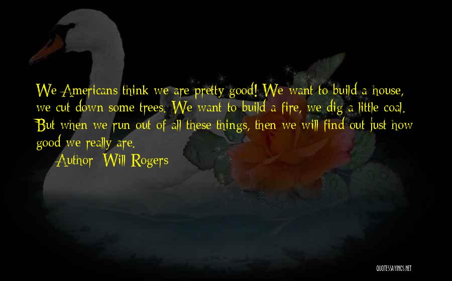 Will Rogers Quotes: We Americans Think We Are Pretty Good! We Want To Build A House, We Cut Down Some Trees. We Want