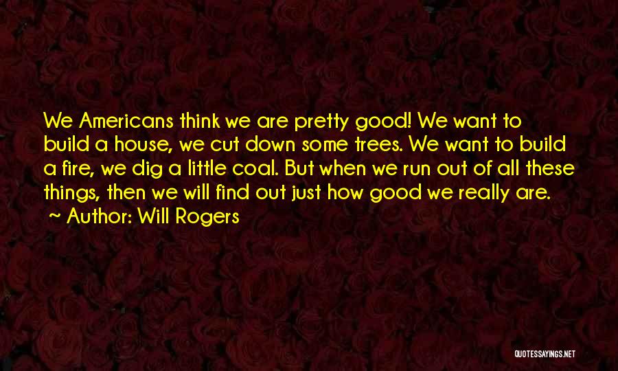 Will Rogers Quotes: We Americans Think We Are Pretty Good! We Want To Build A House, We Cut Down Some Trees. We Want