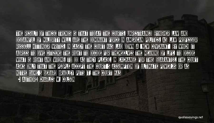 Charles W. Colson Quotes: The Result Of These Trends Is That Today The Courts, Unrestrained Byhigher Law And Disdainful Of Majority Will, Are The