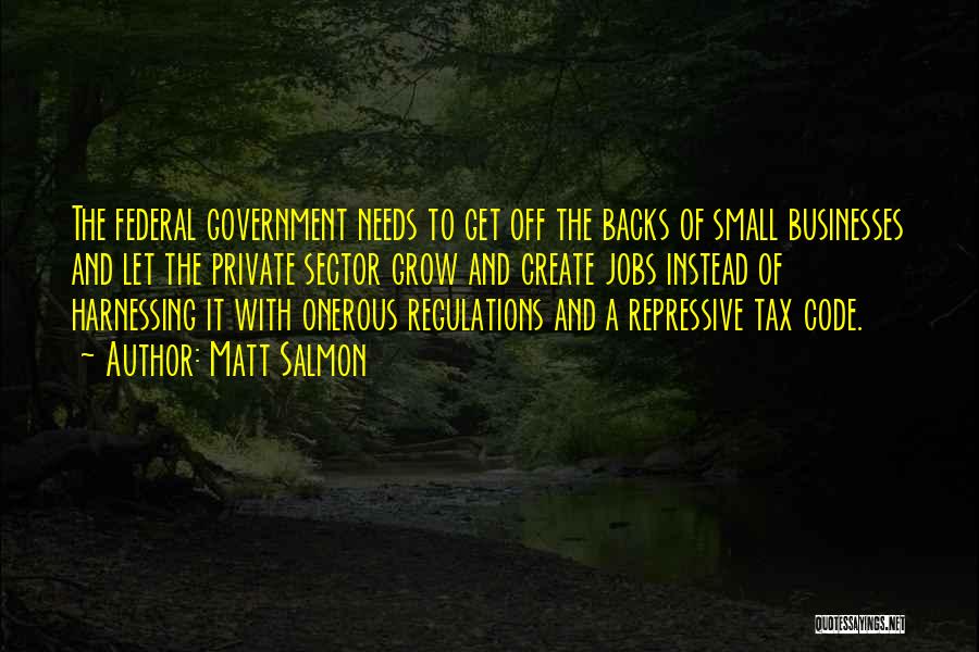 Matt Salmon Quotes: The Federal Government Needs To Get Off The Backs Of Small Businesses And Let The Private Sector Grow And Create