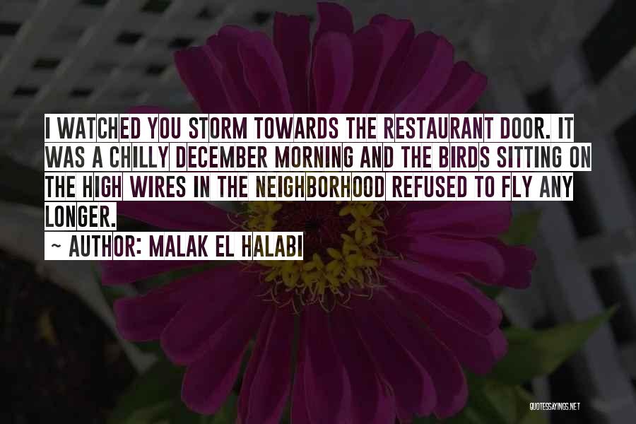 Malak El Halabi Quotes: I Watched You Storm Towards The Restaurant Door. It Was A Chilly December Morning And The Birds Sitting On The